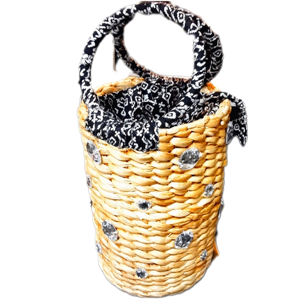 NWOT ANTHROPOLOGIE BASKET BAG COTTON PRINTED DRAWSTRING LINING INSIDE POCKET